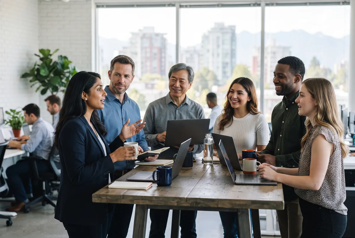Six colleagues at a relaxed morning stand-up around a high table with laptops and coffee in an open-plan office