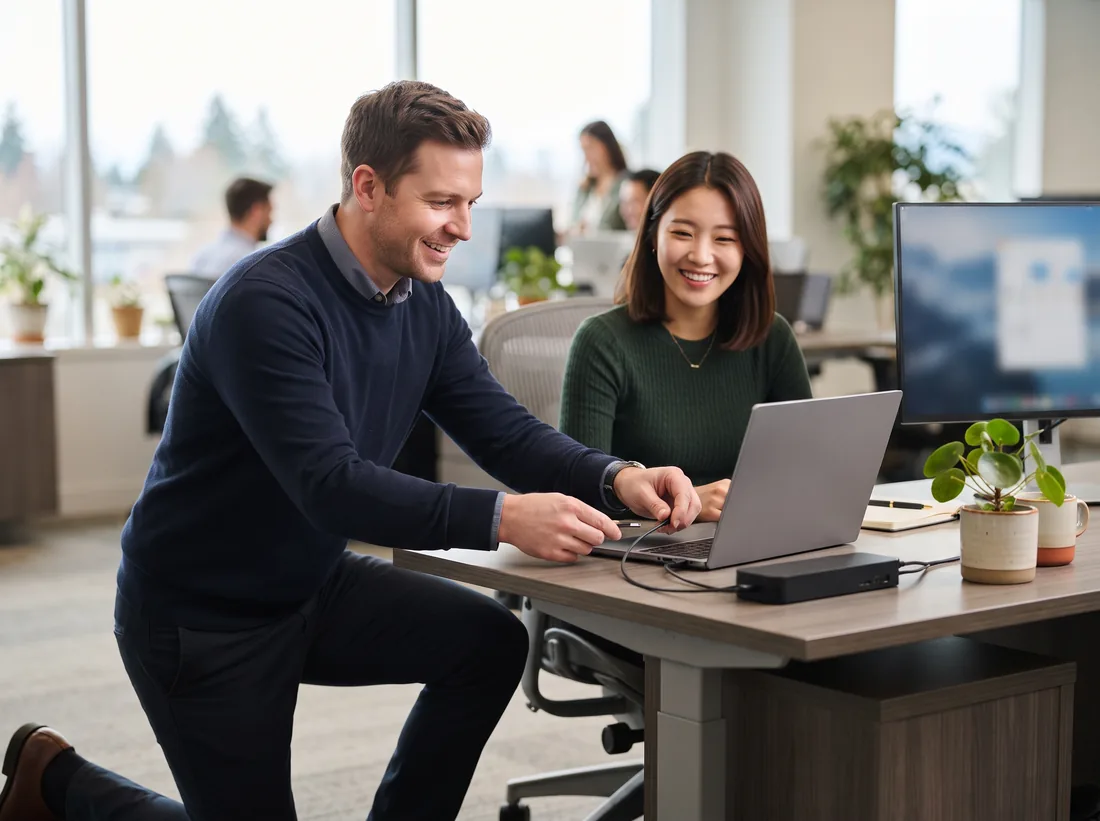 IT technician kneeling beside an office worker’s desk, connecting her laptop to a docking station as she smiles